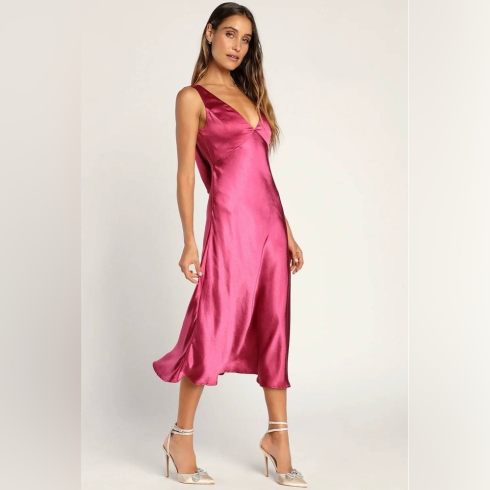 NWT - Lulus Incredible Love Magenta Pink Satin Cowl Back Midi Slip Dress - Picture 2 of 8